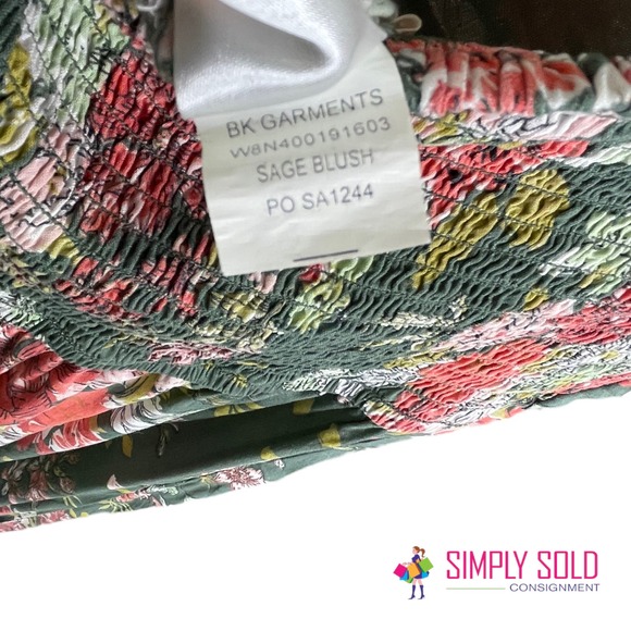 BOG Collective Women's Smocked Jumpsuit Green Floral Boho Wide Leg Cotton Size L - Picture 9 of 10